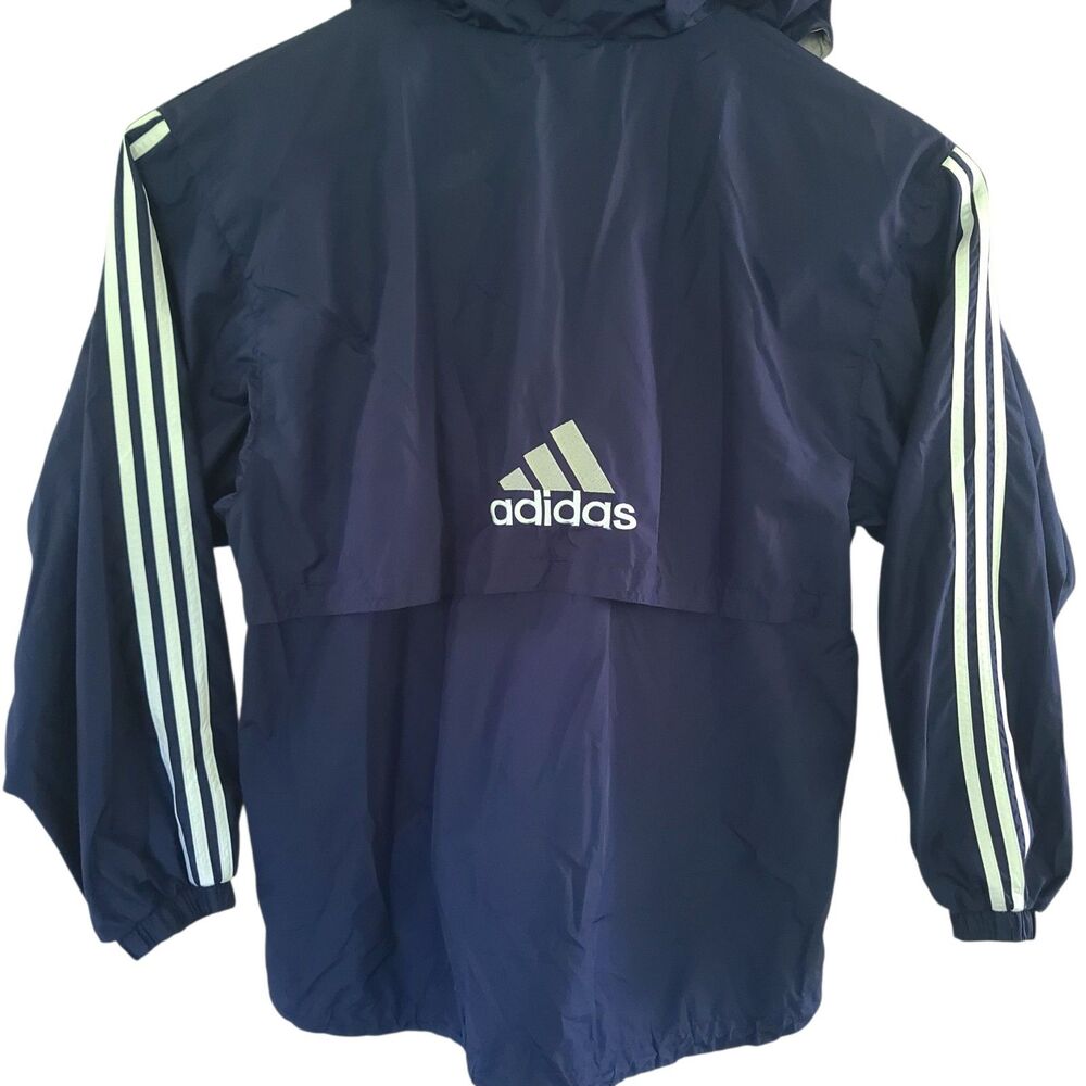 VTG 90s Adidas XL Navy Hooded Windbreaker Jacket 3 Stripe Embroidered Unisex EUC